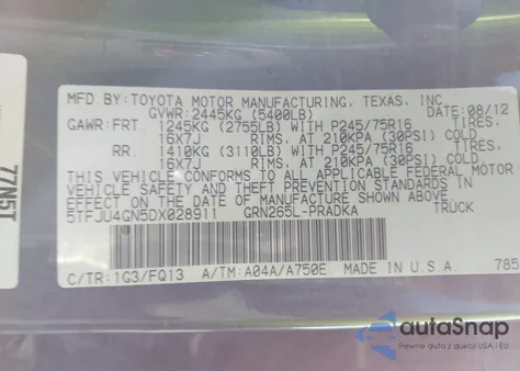 2013 Toyota Tacoma Prerunner V6 z USA, uszkodzony, nr VIN 5TFJU4GN5DX028911